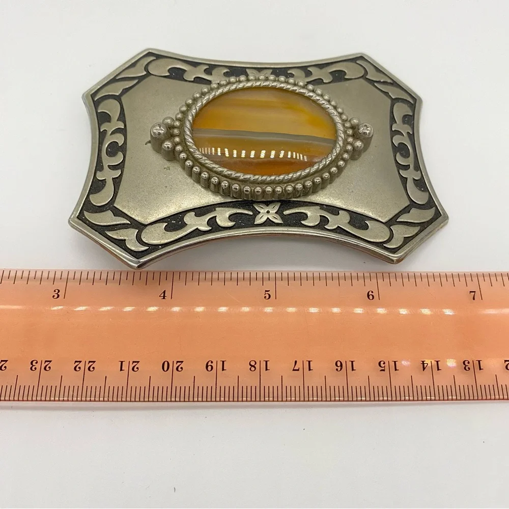 Western Silver Tone Belt Buckle Faux Banded Amber Agate & Black Scrollwork